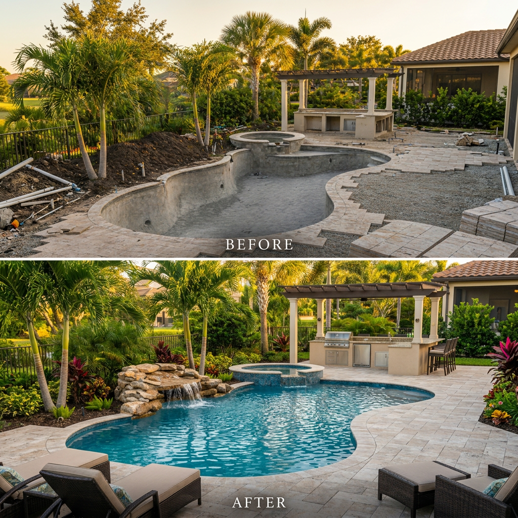 New pool construction in South Florida — before and after: empty freeform pool shell with raised spa during construction, transformed into a finished freeform pool with stone waterfall, raised spa, travertine deck, pergola outdoor kitchen, and tropical landscaping at golden hour