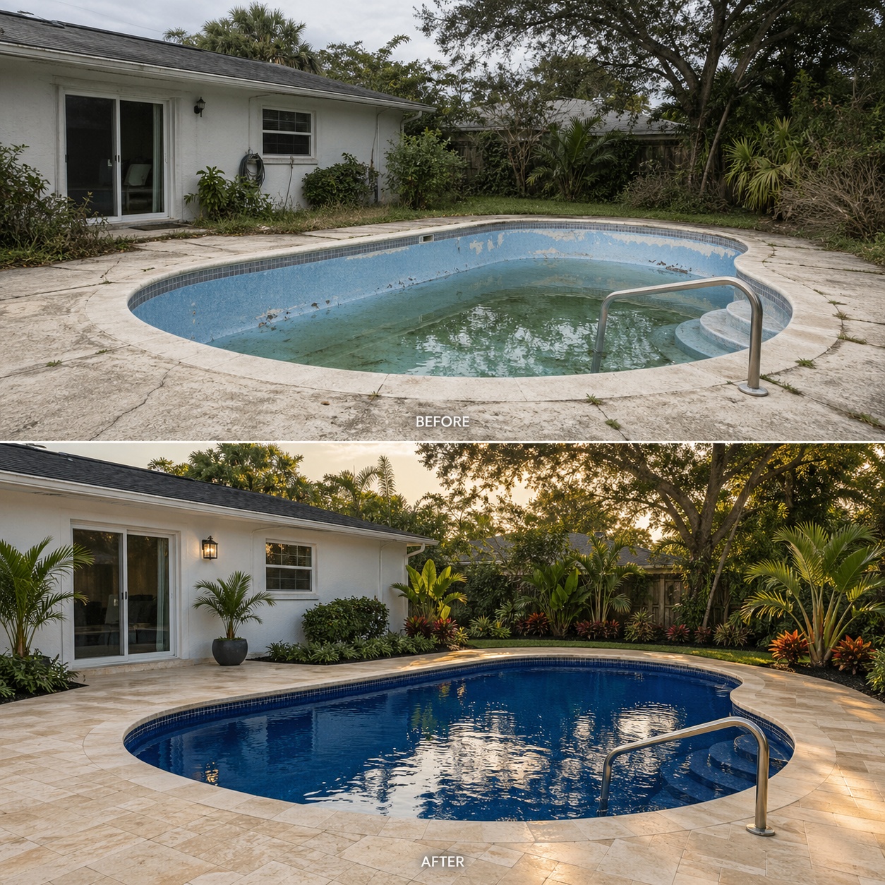Before and after pool restoration in South Florida — cracked concrete deck and worn pool finish transformed into a polished travertine deck with deep blue plaster