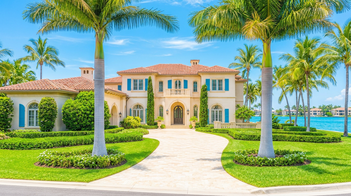 Mediterranean waterfront estate with finished travertine paver driveway framed by royal palms