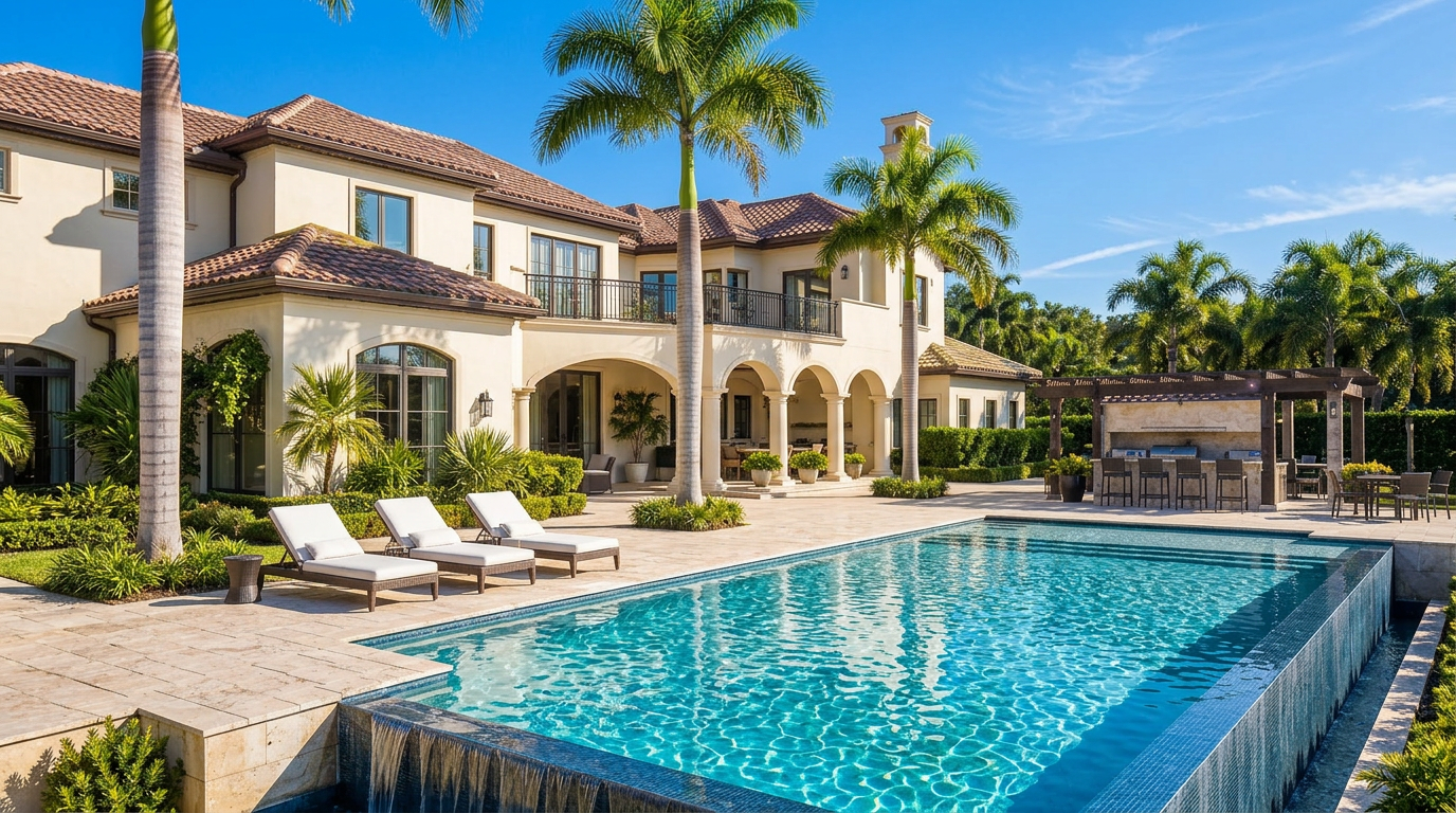 Custom infinity-edge pool with travertine deck, lit at twilight beside a Mediterranean estate