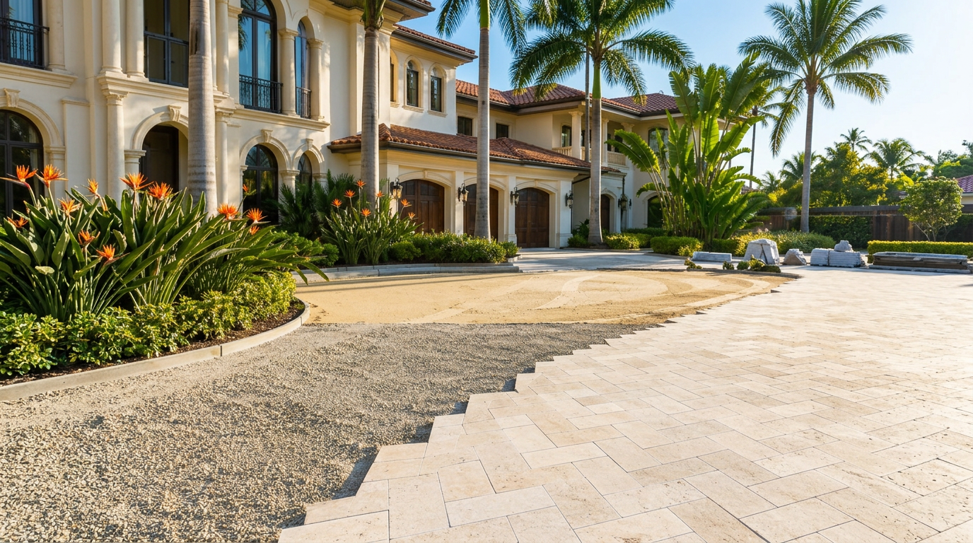 Travertine paver driveway installation in progress at a luxury South Florida estate